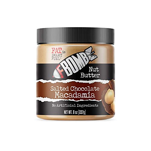 Product Cover FBOMB Macadamia Nut Butter: Keto Fat Bombs, Natural Roasted Macadamia Nuts | High Fat, Low Carb Snack, High Quality Energy | Paleo, Healthy, Keto Snacks | Salted Chocolate Macadamia - 8 oz Jar