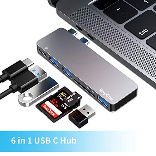 Product Cover USB C Hub, 6 in 1 Type C Aluminum Hub Adapter MacBook Pro Accessories with 3 x USB 3.0 Ports, TF/SD Card Reader, USB C Port with 40Gb/S Speed, Support for MacBook Pro 13″ and 15″2016-2018