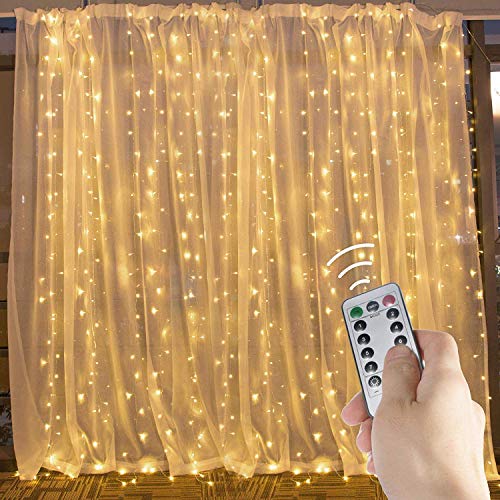 Product Cover 600 LED Curtain String Light 20 Feet Pro Icicle Lights with Remote and Timer, 8 Mode, Not Connectable, Twinkle Lights Great for Window Wedding Party Home Garden Bedroom Outdoor Indoor Wall, Warm White