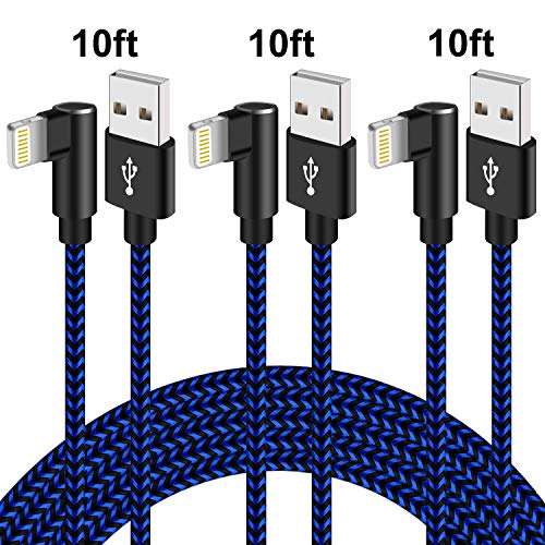 Product Cover 90 Degree Lightning Cable 10ft iPhone Charger Cable 3 Pack Right Angle Fast Charging Cable iPhone USB Data Cable Nylon Braided Fast Charge Cord Compatible With iPhone Xs MAX XR X 8 7 (Blue Black,10ft)