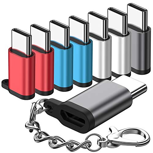 Product Cover Micro USB to USB C Adapter,(8-Packs)Aluminum USB Type C Adapter Convert Connector with Keychain Charger Compatible Samsung Galaxy S10 S9 S8 Plus Note 9 8, LG V40 V35 G8 G7,Google Pixel 3 XL,Moto Z2 Z3