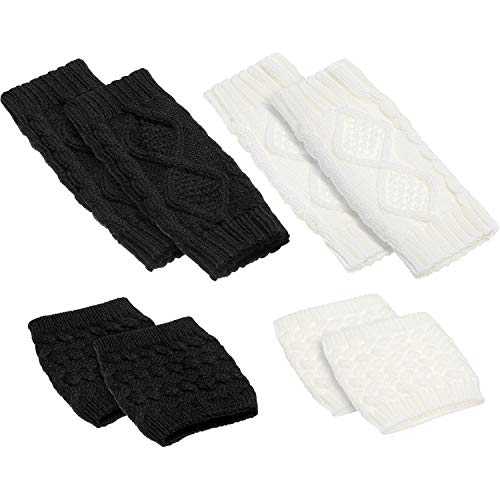 Product Cover 2 Pairs Warm Knit Fingerless Gloves Hand Crochet Arm Warmers with Thumb Hole and 2 Pairs Short Leg Warmers Knit Boot Cuffs for Women Girls