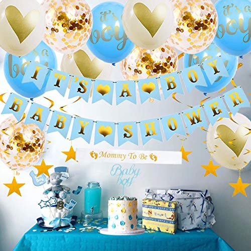 Product Cover Baby Shower Decorations for Boy-Blue and Gold Baby Boy Party Supplies-It's A Boy Banner-Oh Boy Balloons-Gold Stars Swirls-Mommy To Be Sash