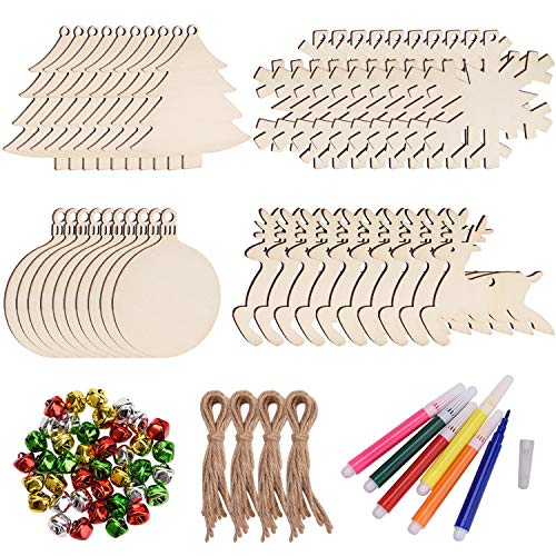 Product Cover Livder 86 Pieces Unfinished Christmas Wooden Ornaments Set, 40 Pieces Natural Wood Slices, 40 Pieces Bells and 6 Color Pens for DIY Crafts Christmas Tree, Gift Decorations