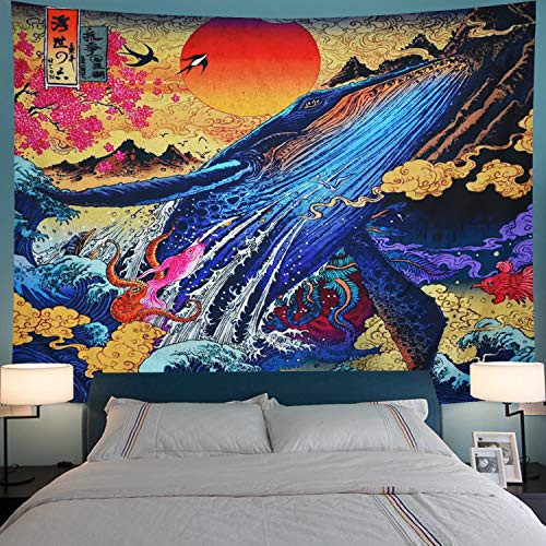 Product Cover Leofanger Sunset Great Wave Whale Tapestry Japanese Art Tapestry Ukiyo-e Print Ocean Landscape Wall Hanging Tapestry for Home Decorations (W59.1 × H51.2Inches)