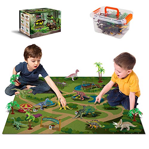 Product Cover Dinosaur Toys - 12 Realistic Dinosaur Figures, Activity Kids Play Mat & Trees for Creating a Dino World Including T-Rex, Triceratops, etc, Perfect Dinosaur Gifts for Boy & Girl 3,4,5,6,7,8 Years Old