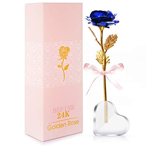 Product Cover BEFINR 24K Gold Rose Artificial Forever Flowers with Heart-Shaped Stand Best Gifts for Friend Girl Wife Women Her for Valentine's Day Thanksgiving Mother's Day Birthday (Blue)
