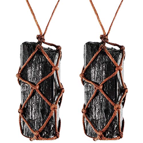Product Cover 2 Pieces Natural Black Tourmaline Crystal Necklace Hand Braided Chakra Gemstone Pendant Necklace for Men Women (Style 1)
