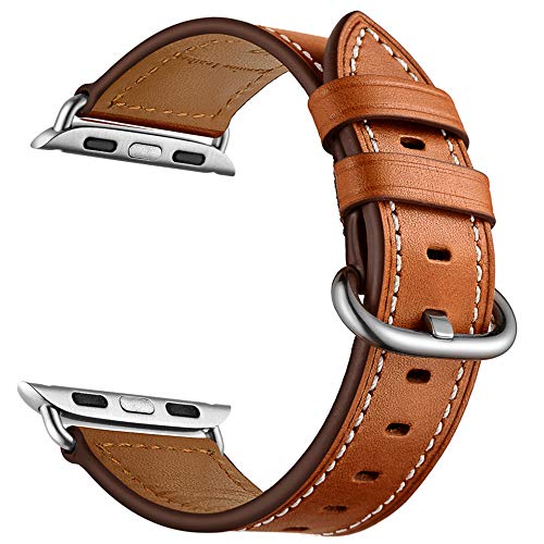 Product Cover CINORS Leather Watch Band Compatible with Apple iwatch 38mm 40mm Women Genuine Leather Replacement Bands for Series 5 Series 4 Series 3 Series 2 Series 1 Brown Strap Silver Adapter 38 40