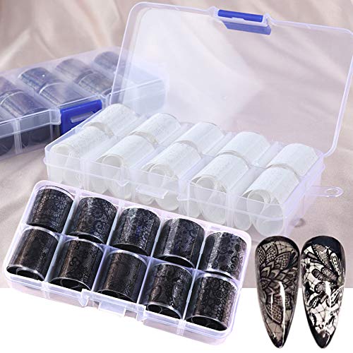 Product Cover Nail Foil Transfer Stickers Lace Foils Sticker Black White Nail Art Supplies 20 Rolls Nail Adhesive Acrylic Decorations DIY Nail Art Foil Designs for Women Manicure Tips Wraps Glitter Sparkle