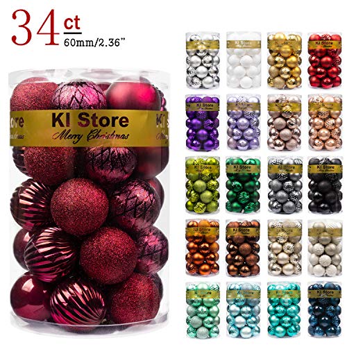 Product Cover KI Store Christmas Balls Burgundy Shatterproof Christmas Tree Ball Ornaments Decorations 2.36-Inch Set of 34 for Xmas Trees Wedding Party Home Decor