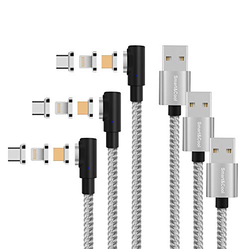 Product Cover Smart&Cool Gen-X 3 in 1 Magnetic Charging Cable, Support Max 3.0A Charging Current & Data Sync, Compatible with i-Product, USB-C and Micro-USB Devices(L-Shaped/Silver, Pack of 3/5')