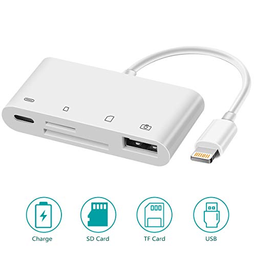 Product Cover SD Card Reader, 4 in 1 SD TF Card Camera Reader USB 2.0 OTG Adapter Cable Lightning to Micro SD Camera Trail Game Reader for iPhone Xs Max/Xs/XR/X/8/7/6s/6/5s/5 and iPad, Support iOS 10 - 12 (White)