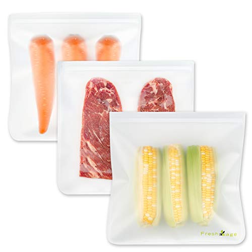Product Cover Freshmage 3 Pack Reusable Storage Bags - 3 Reusable Big Food Bags Leakproof Freezer Bags for Steak, Liquid, Fruit, Vegetable, Washable Thick Ziplock Bags Home Organization, Food Safety BPA FREE