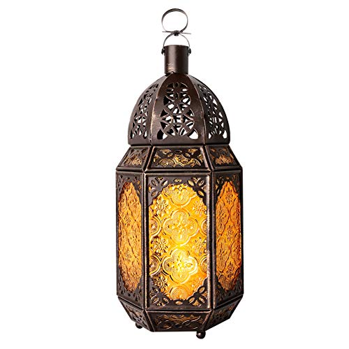 Product Cover Lewondr Metal Glass Candle Lantern, Moroccan Style Portable Candle Holder Pavilion Shape Bowl Bottom Decorative Hanging Lamp Wind Lantern Décor for Home Patio Balcony Garden - Copper + Yellow