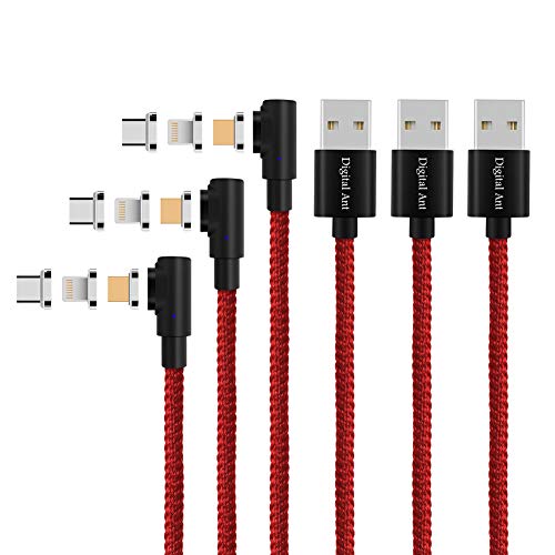 Product Cover Digital Ant Gen-X Micro USB + USB-C/Type-C + i-Product 3 Tips in 1 Nylon Braided Magnetic Charging Cable, Support 3.0A Fast Charging & Data Transfer (3.3 Feet Red 3-Pack, L-Shape)