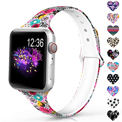 Product Cover Sunnywoo Sport Band Compatible with Apple Watch 38mm 40mm 42mm 44mm, Narrow Soft Fadeless Floral Silicone Slim Thin Replacement Wristband for iWatch Series 4/3/2/1 Women Men