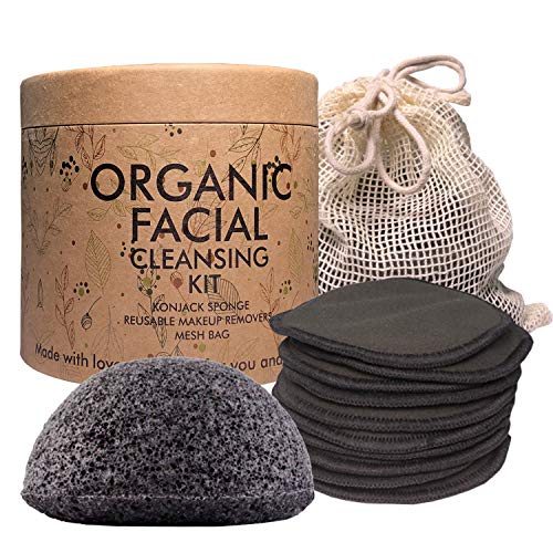 Product Cover Reusable Makeup Bamboo Charcoal Remover Rounds (10 pack) With Cleansing Konjac Sponge I Laundry-Bag & Free Storage Box for Makeup Remover Pads I Organic Facial Cleansing Kit I Zero Waste I