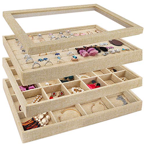 Product Cover Mebbay Stackable Sackcloth Jewelry Trays Organizer Set with Clear Lid, Jewelry Storage Display Trays for Drawer, Earring Necklace Bracelet Ring Organizer - Set of 4