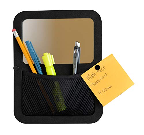 Product Cover Tools for School Magnetic Locker Mirror with Elastic Mesh Pocket Organizer for Pens, Pencils and Markers. Extra Strong Magnet. Includes 5 Push Pins (Black)