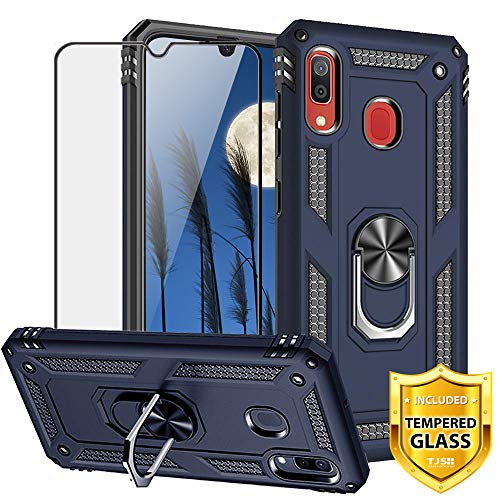 Product Cover TJS Phone Case for Samsung Galaxy A20/Galaxy A30, with [Full Coverage Tempered Glass Screen Protector][Impact Resistant][Defender][Metal Ring][Magnetic Support] Heavy Duty Armor Cover (Blue)