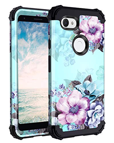 Product Cover Casetego Compatible Google Pixel 3a XL Case,Floral Three Layer Heavy Duty Hybrid Sturdy Armor Shockproof Full Body Protective Cover Case for Google Pixel 3a XL,Blue Flower