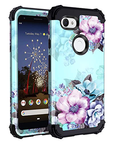 Product Cover Casetego Compatible Google Pixel 3a Case,Floral Three Layer Heavy Duty Hybrid Sturdy Armor Shockproof Full Body Protective Cover Case for Google Pixel 3a,Blue Flower