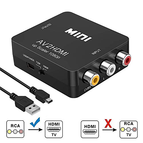 Product Cover RCA to HDMI Converter, Runbod 1080P RCA Composite CVBS AV to HDMI Video Audio Converter Box for PS2 Wii Xbox SNES N64 VHS VCR Camera DVD PC Laptop, Support PAL/NTSC with USB Charge Cable
