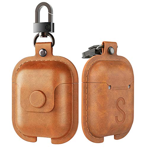 Product Cover MoKo Case Fit AirPods 1/AirPods 2, Premium PU Leather Vintage Style Snap Closure Protective Cover Carrying Pouch Pocket with Keychain for AirPods 1 & AirPods 2 Earphones Charging Case - Dark Brown