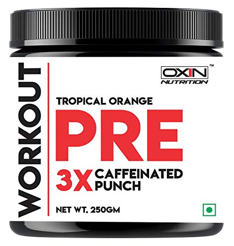 Product Cover Oxin Nutrition Pre Workout 3X Caffeinated Punch - Preworkout Drink - Creatine Free - Zero Sugar - Pre Workout Natural - Preworkout Supplements Powder 250g (Tropical Orange)