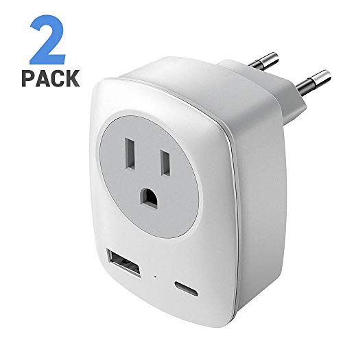 Product Cover European Adapter, America to Europe Travel Adapter, International Power Adaptor with 1 US Outlet and 2 USB, EU Plug Adapter for Italy/Spain/German/Greece (Not for UK), Type-C Plug with USB C