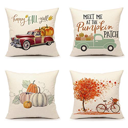 Product Cover 4TH Emotion Fall Throw Pillow Cover Pumpkin Truck Maple Leaves Bicycle Farmhouse Autumn Cushion Case for Sofa Couch 18 x 18 Inches Cotton Linen Set of 4