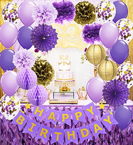 Product Cover Purple Gold Birthday Party Decorations Happy Birthday Banner Purple Gold Confetti Balloons Polka Dot Paper Fans for Women/Girl Purple Birthday Decorations Purple Gold Birthday Photo Backdrop