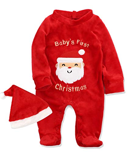 Product Cover Von kilizo Christmas Footed Cotton Pajamas for Baby & Infant My 1st Christmas Romper with Matching Santa Hat