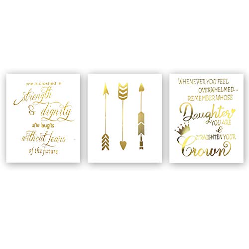 Product Cover Inspirational Quotes Typography Gold Foil Print, Positive Words Remember Strength Future Cardstock Art Print Motivational Lettering with Arrow Crown Wall Art Poster (8 X 10 inch, Set of 3, Unframed)