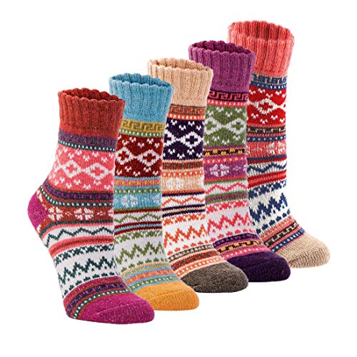 Product Cover Womens 5 Pairs Vintage Style Winter Warm Thick Knit Wool Cozy Crew Socks, free size