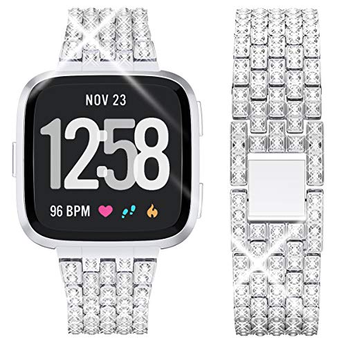 Product Cover Goton Jewelry Band Compatible for Fitbit Versa Band, Versa 2 Bands, Women Men Diamond Bling Crystal Metal Replacement Strap Compatible for Fitbit Versa Lite Bands, Versa SE Bands (Silver)