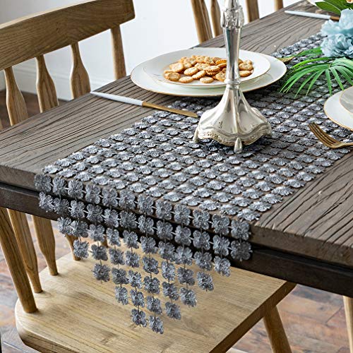 Product Cover Valea Home Table Runners 12 x 72 Inch Glitter Clover Table Runner for Kitchen Wedding Bridal Shower Decorations，Silver Grey