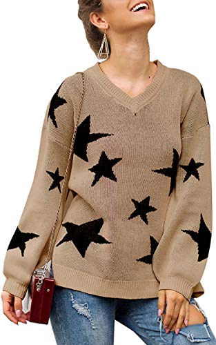 Product Cover ECOWISH Women Knit Sweaters Long Sleeves V Neck Pullover Loose Fit Fashion Stars Sweater