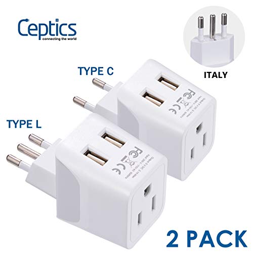 Product Cover Italy, Europe Travel Adapter Plug Set by Ceptics - 2 Pack - with 2 USB + USA Socket Input - Type L and Type C - Ultra Compact - Safe Grounded Perfect for Cell Phones, Laptops, Camera Chargers