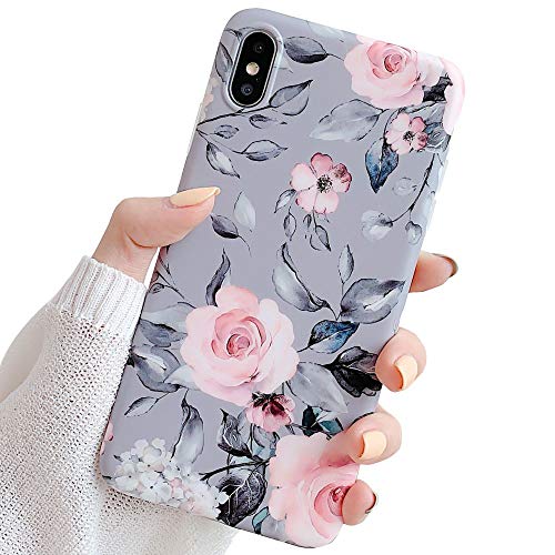 Product Cover YeLoveHaw iPhone Xs Max Case for Girls, Flexible Soft Slim Fit Full Protective Cute Shell Phone Case with Purple Floral and Gray Leaves Pattern for iPhone Xs Max 6.5 Inch (Pink Flowers)