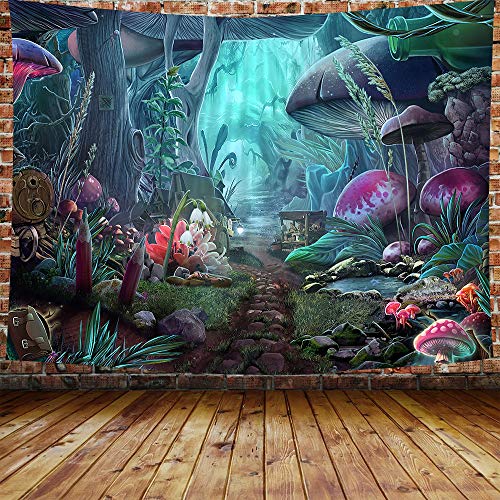 Product Cover DBLLF Psychedelic Tapestry Mushroom Castle Tapestry Fairy Tale Tapestry Green Plants in Forest Wall Hanging Spring Scenery Tapestries for Bedroom Living Room Dorm Party Decor 80×60 inches DBLS774