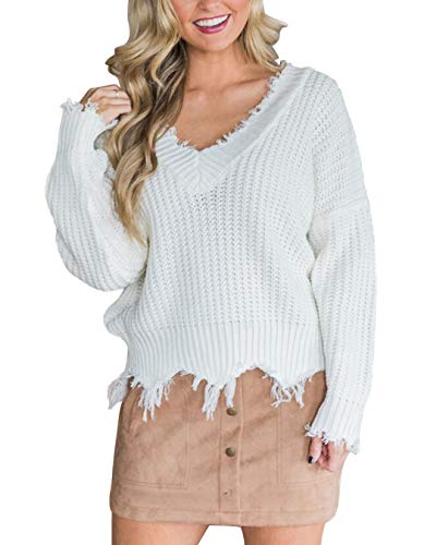 Product Cover YIBOCK Women V Neck Pullover Sweater Long Sleeve Loose Knitted Crop Top Casual Jumper Sweater