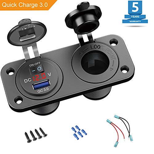 Product Cover QC 3.0 Cigarette Lighter Outlet Splitter, 12V USB Charger Waterproof Power Socket Adapter DIY Kit with Voltmeter LED Display Dual USB Ports for Rocker Switch Panel on Car Boat Marine RV, etc