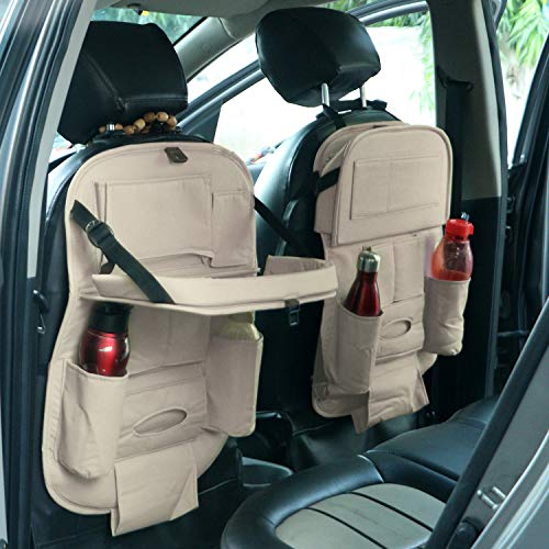 Product Cover AllExtreme EXFTCOC2 Universal PU Leather Auto Car Seat Back Organizer with Foldable Dining Table Tray, Multipocket Storage Tablet, Bottle and Tissue Paper Holder (Beige, 2Pcs)