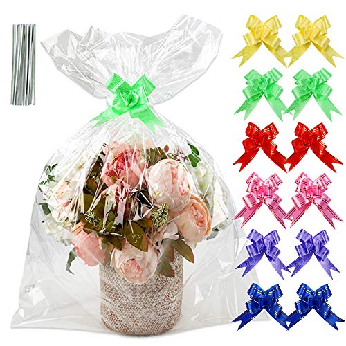 Product Cover Tomnk 12Pack Clear Basket Bags, 28x32inch Clear Cellophane Wrap for Baskets & Gifts with 12 Pack Ribbon Bows and 12 Twist Ties