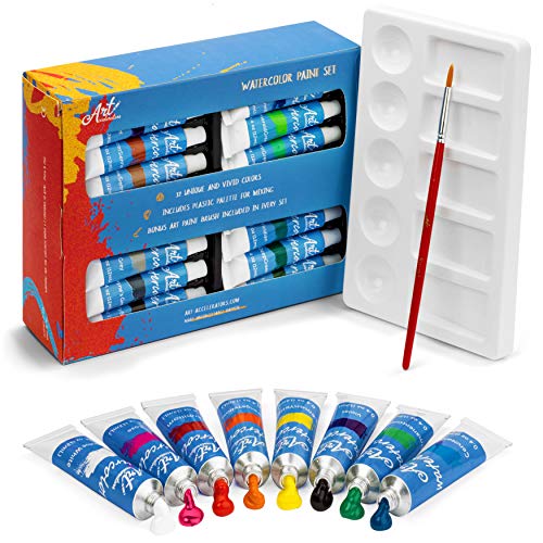 Product Cover Watercolor Paint Set - 32 Professional Water Color Paints for Artists, Adults - Palette Tray & Paint Brush Included - Kids Watercolors, Washable Colors - Adult Painting Art Supplies Kit w/ 12 ml tubes