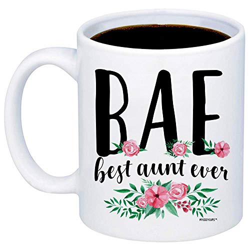 Product Cover MyCozyCups Gift For Auntie - BAE Best Aunt Ever Coffee Mug - Funny Cute Unique 11oz Novelty Cup For Women, Her, Aunt - Christmas, Birthday, Valentine's Day, Mother's Day - Sarcastic Quote Mug