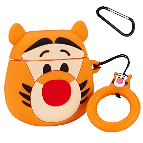 Product Cover Joyleop(Q Tiger) Compatible with Airpods 1/2 Case Cover, 3D Cute Cartoon Animal Funny Fun Cool Kawaii Fashion, Soft Silicone Character Skin Keychain Ring,Girls Boys Teens Kids, Case for Airpod 1& 2
