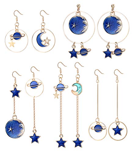 Product Cover SAILIMUE 5 Pairs Enamel Moon Star Earth Planet Earrings Set Asymmetric Long Pendant Hook Dangle Stud Earrings for Women